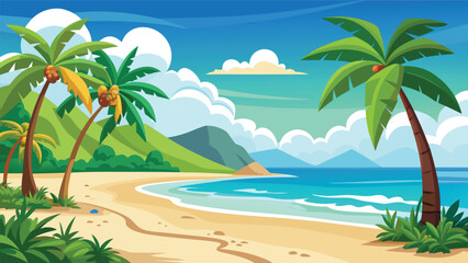 Obraz premium Clouds float above a sunny beach with palm trees on the shore and mountains in the background during a clear day by the water