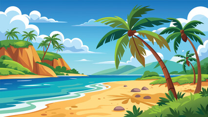 Obraz premium Colorful ocean landscape with palm trees, sandy beach, and hills in the background during sunny weather