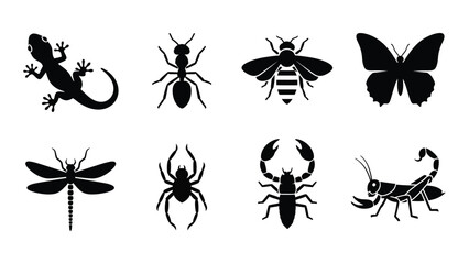 A collection of various insects and small creatures depicted in stark black shapes creating a striking silhouette high quality professional detailed © SILHUETTECHEMBER