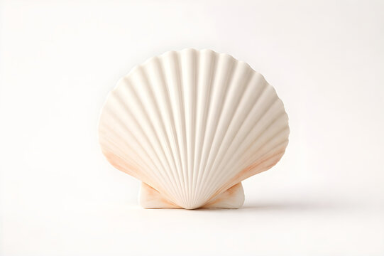 Large white scallop shell isolated on a plain white background, minimalist composition.