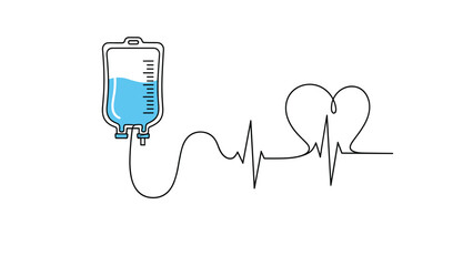 Obraz premium Conceptual line drawing of an intravenous IV bag connected to a heart rate monitor line that forms a heart shape for medical care.