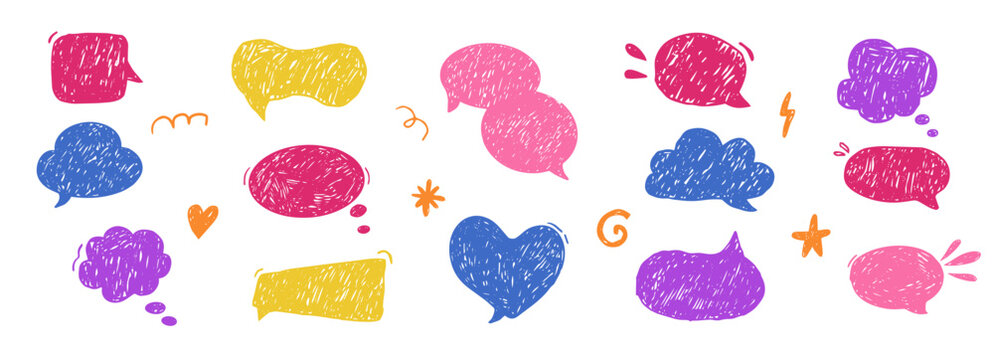 Crayon Speech Bubbles comic scribble talk balloon in sketch style, grunge texture pencil naive doodle conversation message icon