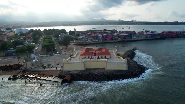Aerial circular view from National Museum and Ana Chaves Bay.S&atilde;o Tom&eacute; ,Africa