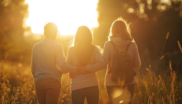 A group of friends walking together in a serene natural setting during a beautiful sunset