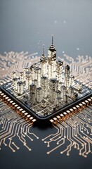 Obraz premium Futuristic smart city model glowing on a microchip integrated into a circuit board motherboard system