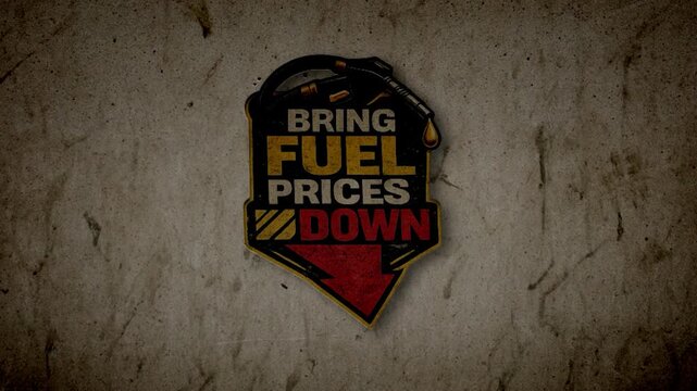 Dynamic text animation urging a decrease in fuel prices with a dramatic wall crack effect.