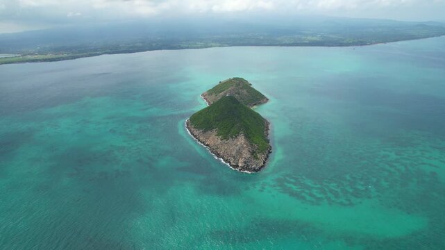 Aerial view from Ilheu das Cabras,From high above, witness the serene isolation, tropical paradise vibes, and the stunning natural landscape of this hidden gem in Africa.Sao Tome,Africa
