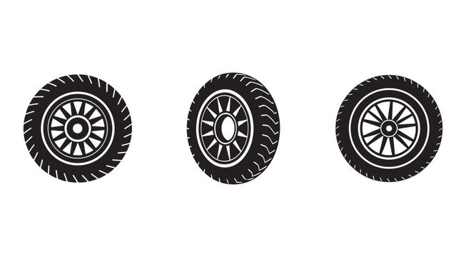 Three black car tires with different tread patterns on white background  vehicle wheels