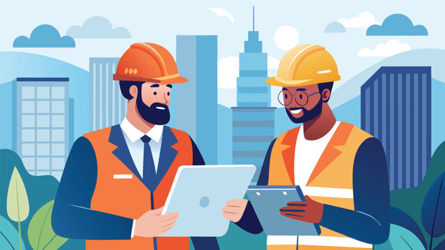 Workers in safety helmets discuss project details in a city setting with buildings and trees around them during the day