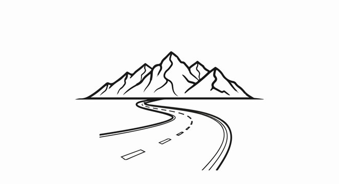 Winding road leads to majestic mountain range, stark black and white illustration