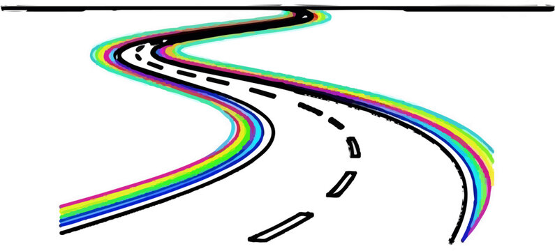 Winding road with colorful edges and dashed lane markers