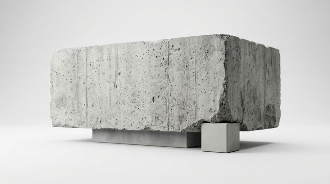 Large textured concrete block balanced on small smooth geometric supports