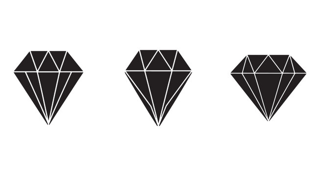 Three black diamond shapes with white lines on white background  gemstone icons