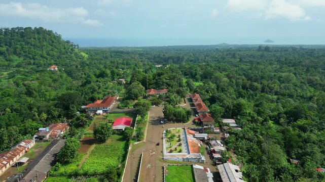 Aerial view over Ro&ccedil;a Agostinho Neto, a natural environment and colonial history, which is known as one of the largest and most historically significant plantations in S&atilde;o Tom&eacute;,Africa