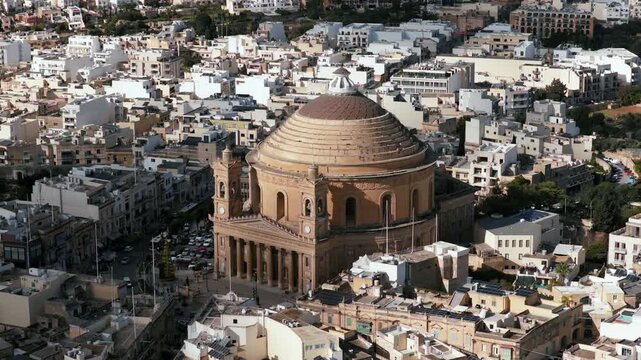 Aerial View Of The Rotunda Of Mosta, Well-known Roman Catholic Parish Church In Mosta, Malta.