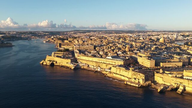 Historic Fortifications And Baroque Palaces In Valletta Capital City Of Malta. Aerial Drone Shot