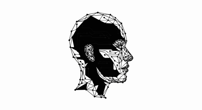 Wireframe head with circuit board patterns inside