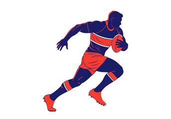 Obraz premium Rugby Player Running with Ball in Red and Blue Uniform - Illustration