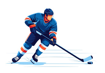 Fototapeta premium Illustration of a hockey player in action, wearing a uniform, skates, and holding a stick with a puck on the ice