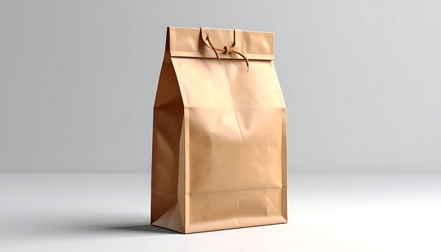 A close-up studio shot showcases a tall, brown paper package with a twisted string closure, sitting on a surface. It is lit against a pale background