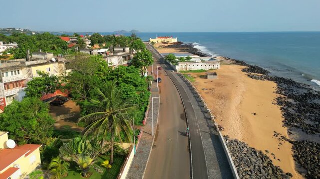Aerial view over marginal of S&atilde;o Tom&eacute;, where the city meets the Atlantic Ocean in a perfect blend of urban life and coastal beauty.Toward the National Museum, Sao Tome,Africa