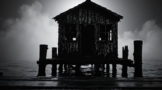 Spooky atmospheric black and white shot of an abandoned wooden shack on a pier with cloudy background