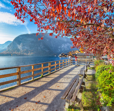 Stunning  view of famous Hallstatt mountain village with Hallstatter lake.