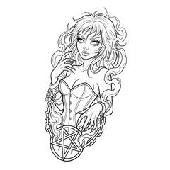 Fototapeta premium Gothic witch woman with chains and pentagram line art illustration