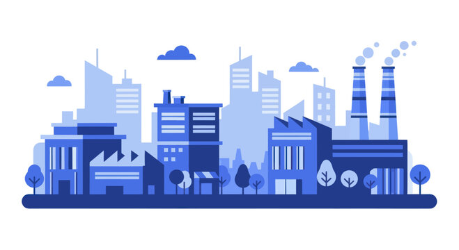 Industrial city landscape with factories and urban buildings illustration.
