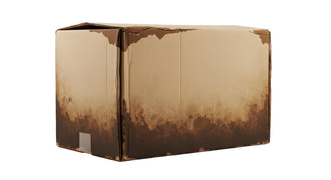 汚れやシミが付着した長方形の茶色い段ボール箱のクローズアップ写真 isolated on a transparent background cardboard carton container packaging