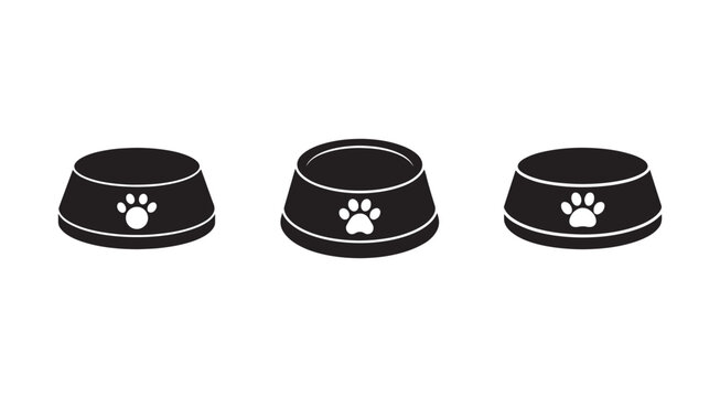 Three black dog food bowls with white paw prints on a white background  pet feeding dishes  animal nutrition  canine meal bowls