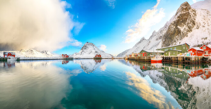 Amazing morning view of small fishing village Ramberg at sunrise.