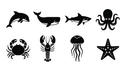 A collection of marine life icons featuring a dolphin whale shark octopus crab lobster jellyfish and starfish silhouette high quality professional © SILHUETTECHEMBER