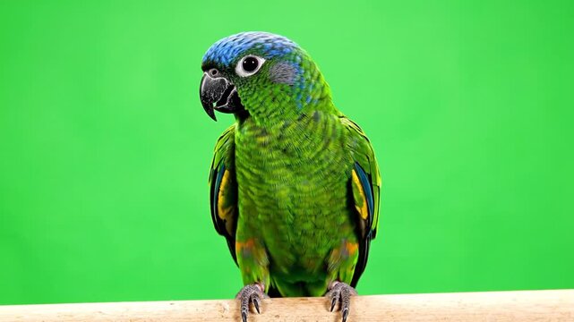 A beautiful green parrot with a blue head and black beak perched on a wooden branch against a vibrant green background.