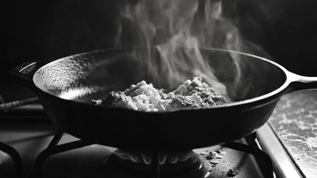 Black and white close-up of a cast iron pan on a stovetop with white and dark substances, steam rising