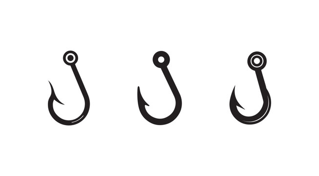 Three black fishing hooks with different barb shapes isolated on white background for fishing and outdoor activities