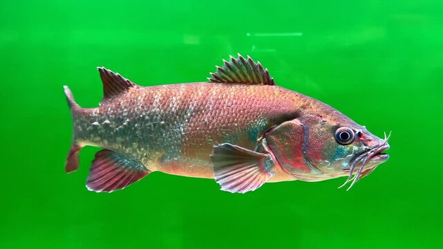 A vibrant reddish-brown fish with distinctive scales and barbels, swimming gracefully against a bright green aquatic background.