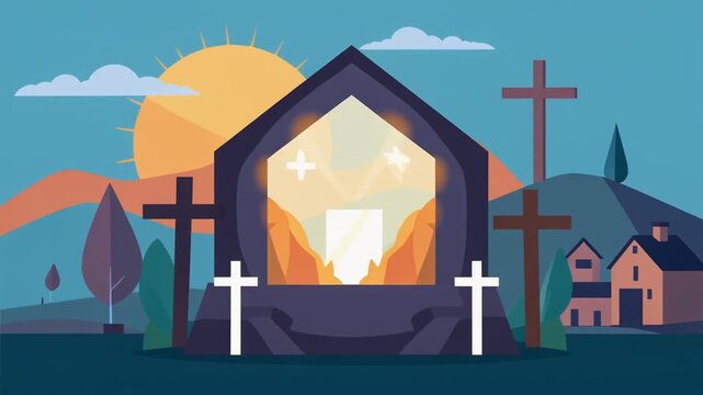 A flat vector illustration of an open tomb entrance with three crosses on a hill at sunrise, representing the resurrection of Jesus Christ on Easter morning with clouds and houses.