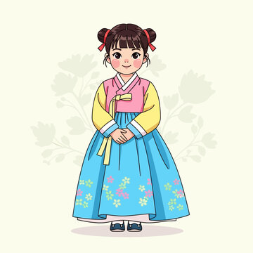 Cute girl in traditional Korean hanbok dress with floral patterns, cartoon style