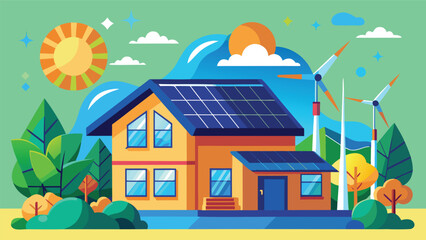 Fototapeta premium Solar energy house with wind turbines under a bright sky near trees and hills during daytime