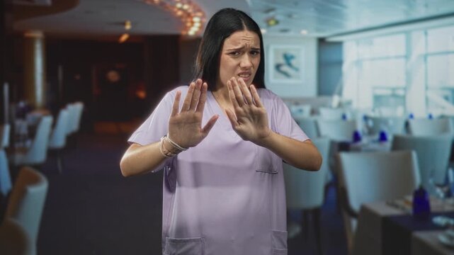 Woman nurse in purple scrubs with hands raised, palms out in stop gesture in restaurant; unease caution.