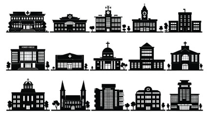 Fototapeta premium Set of hospital building silhouettes with clinic structure and healthcare facility variations
