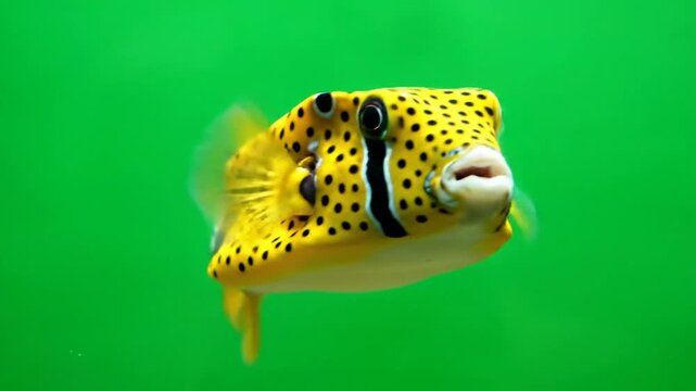 A vibrant yellow boxfish with black spots swims in clear water against a bright green background.