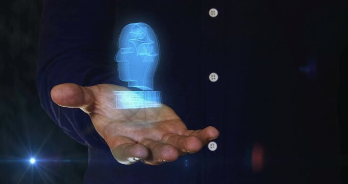 AI agent artificial intelligence 3d symbol over man hand. Cyber technology icon abstract concept seamless and loopable.