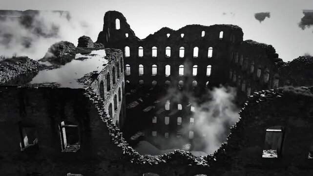 Dramatic Aerial View of Ancient Stone Ruins with Steam and Cloudy Sky in Black and White