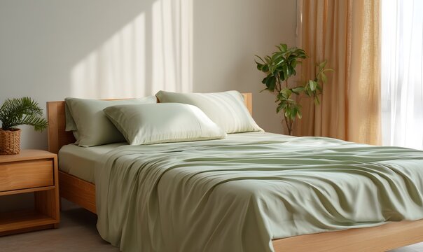  bamboo sheet set in soft sage green, elegantly draped over a minimalist wooden bed, smooth silky fabric, natural flowing folds, luxurious soft texture, breathable and fluid bedding