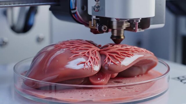 Detailed Vascular Network Printed On Organ Surface Showing Capillary Branching And Microstructure Under Precision Head, Petri Dish Staging And Controlled Deposition Highlight Microscale.