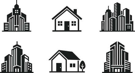 Professional set of real estate line icons featuring residential houses, suburban homes, modern office buildings, city skyscrapers, and urban architectural structures. © Farhana