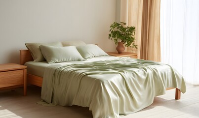 Fototapeta premium bamboo sheet set in soft sage green, elegantly draped over a minimalist wooden bed, smooth silky fabric, natural flowing folds, luxurious soft texture, breathable and fluid bedding