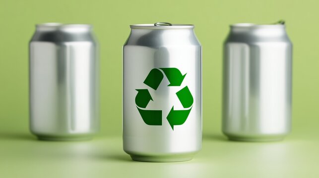 Aluminium cans with recycling symbol, sustainability concept